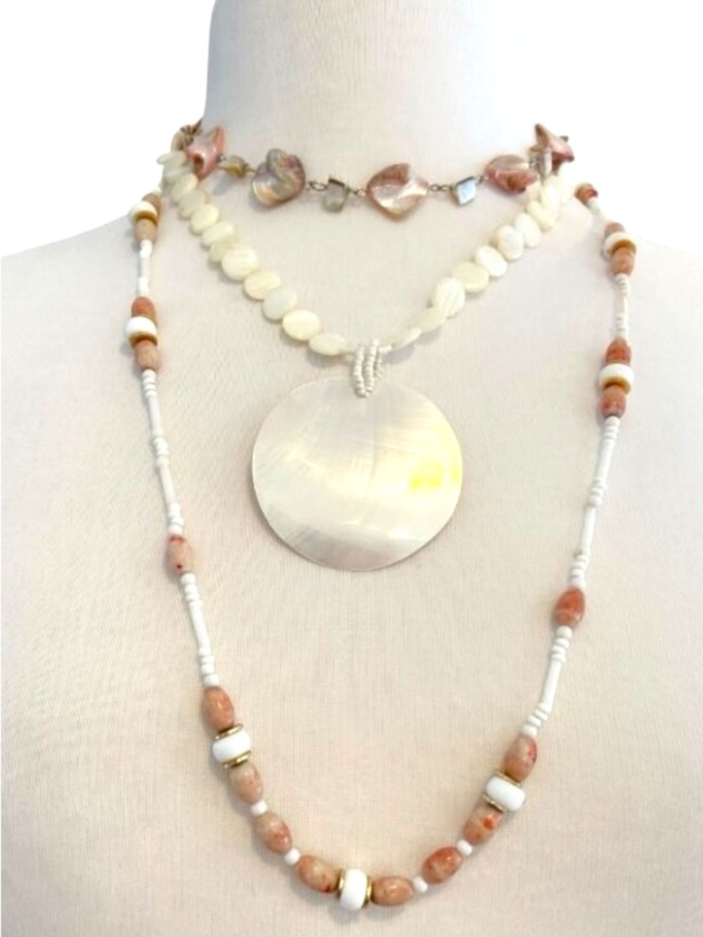 Layered Shell & Beaded Necklace Set With Large Pendant Natural Tones & Heart Acc